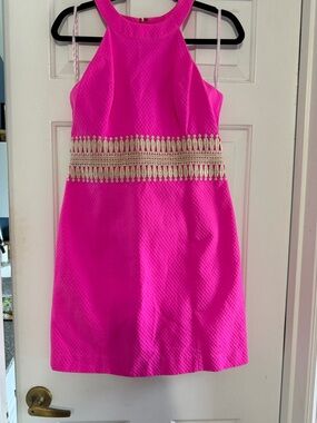 Lilly Pulitzer Neon Pink Sleeveless Dress with Gold Embellished Waist